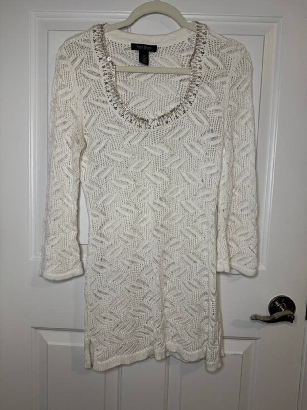 White House Black Market WHBM Crochet Mini Dress Metallic Sequin White Gold M